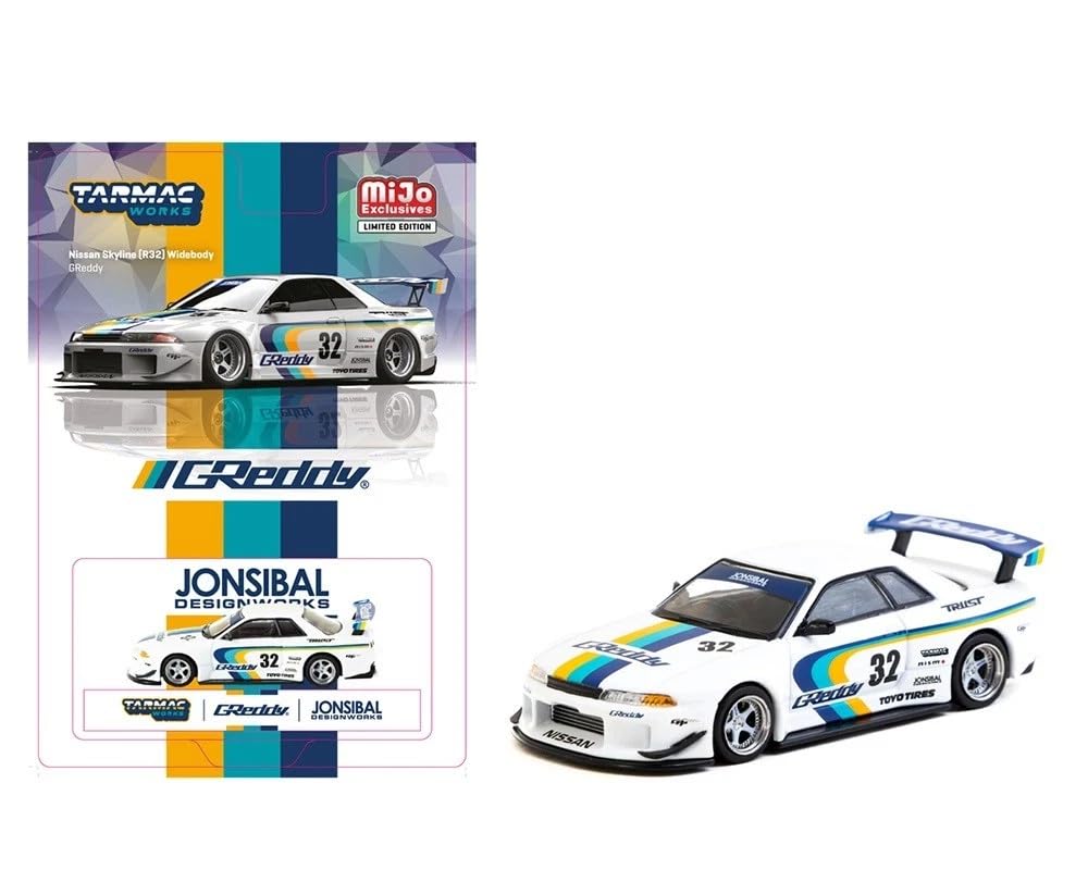 

Tarmac Works 1/64 Nissan Skyline GT-R (Р32) Широкофюзеляжный Jonsibal/Greddy Tarmac Works Mijo Ограниченная серия белый