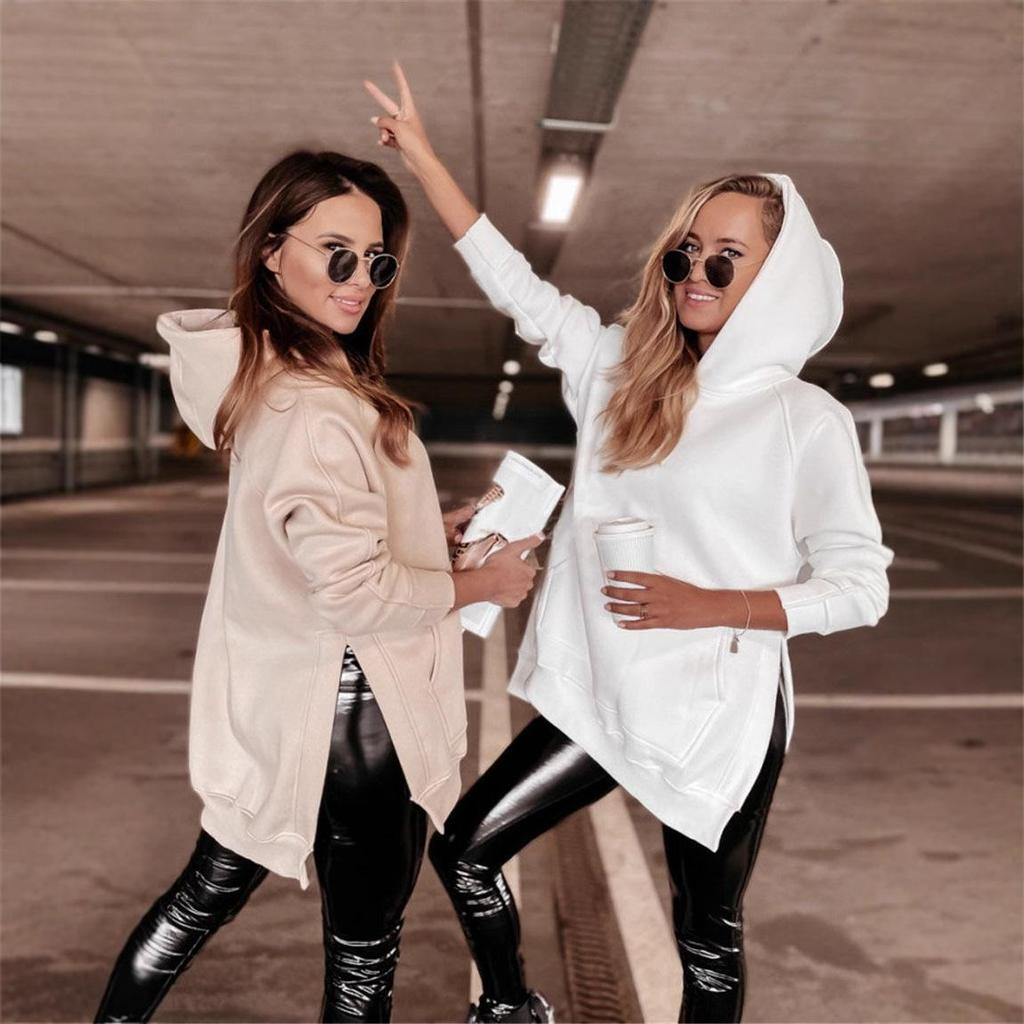 2024 Autumn/Winter Women's Solid Color Hooded Sweatshirt with Slit