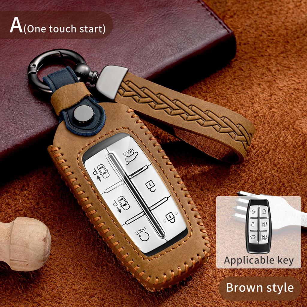 For Hyundai Genesis Crazy Horse Leather Car Key Cover Case G80 GV70 GV80 2019 2020 Remote Key Holder Car Accessories Keychain