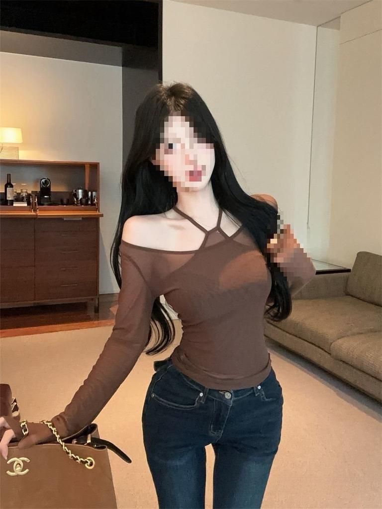 Oversize Womens Mesh Long Sleeve T Shirt With Oneshoulder And Embroidery For Fall Fashion