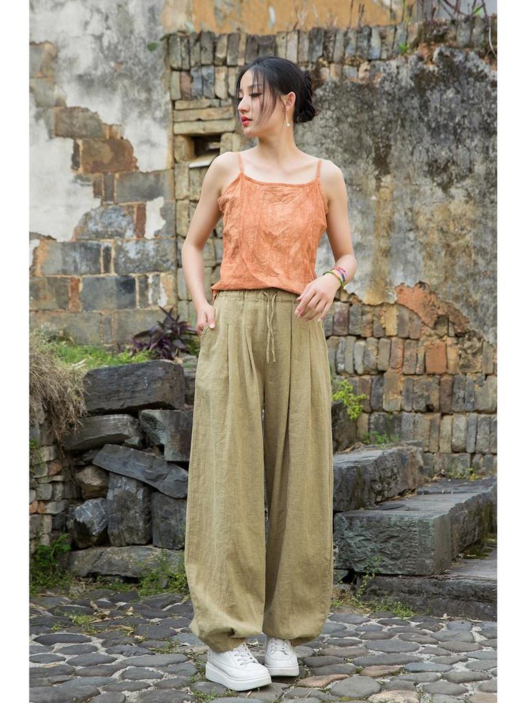 2025 Women's Summer Cotton Linen Ramie Sand-Washed Drawstring Lantern Pants - Distressed & Versatile