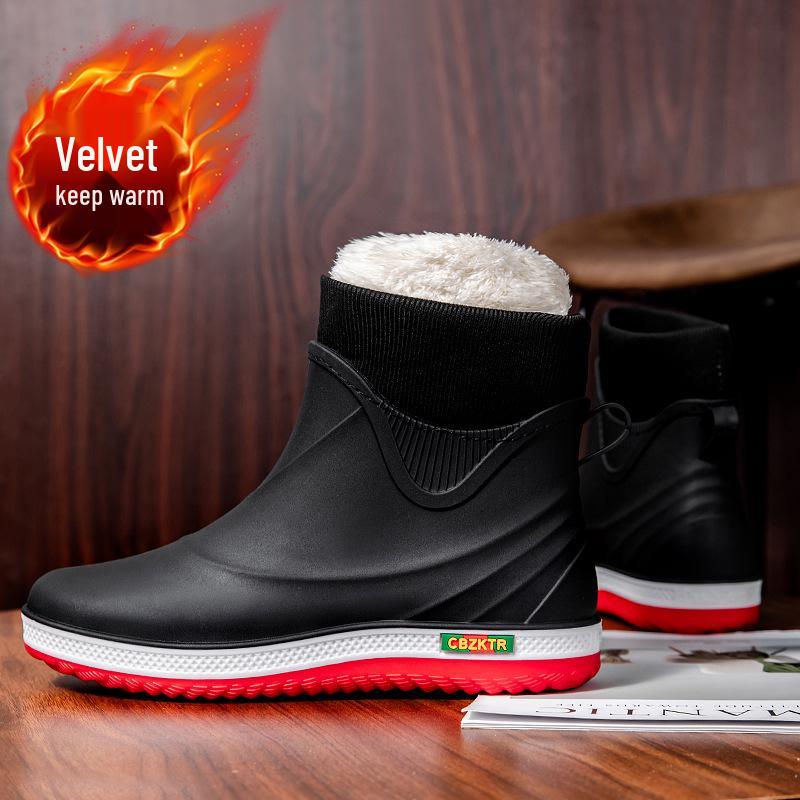Men's Fashionable Low-Top Waterproof Rain Boots with Fleece Lining, Washable Flat Bottom, Mid-Calf, Ideal for Kitchen, Food Delivery, and Riding.