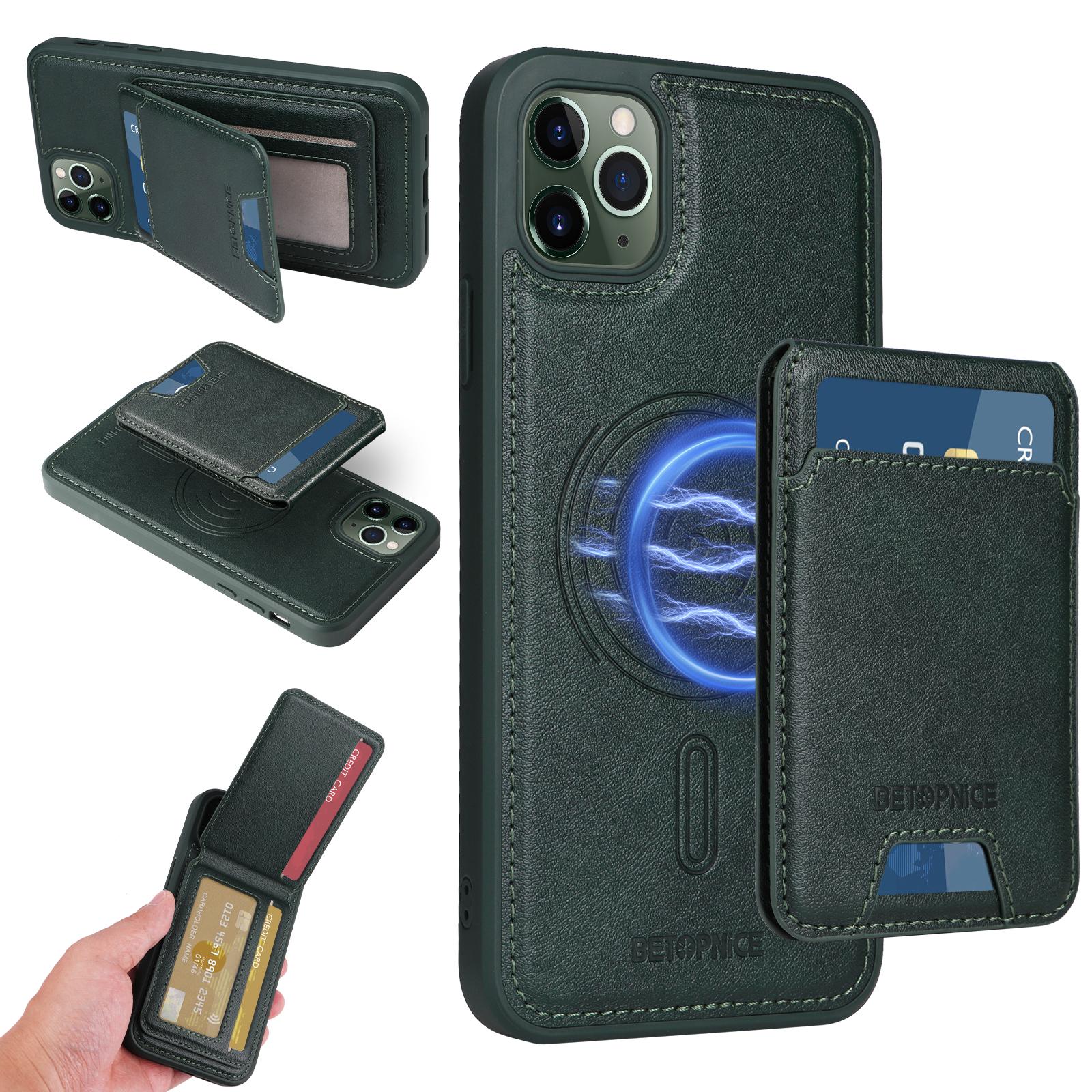 

For iPhone 11 Pro Max Magnetic Case BETOPNICE RFID Blocking Leather Phone Back Cover with Detachable Card Bag Green