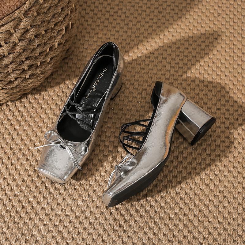Vintage Leather Square Heel Mary Jane Shoes High Heel Fairy Ballet Shoes Cross Strap Silver Single Shoes