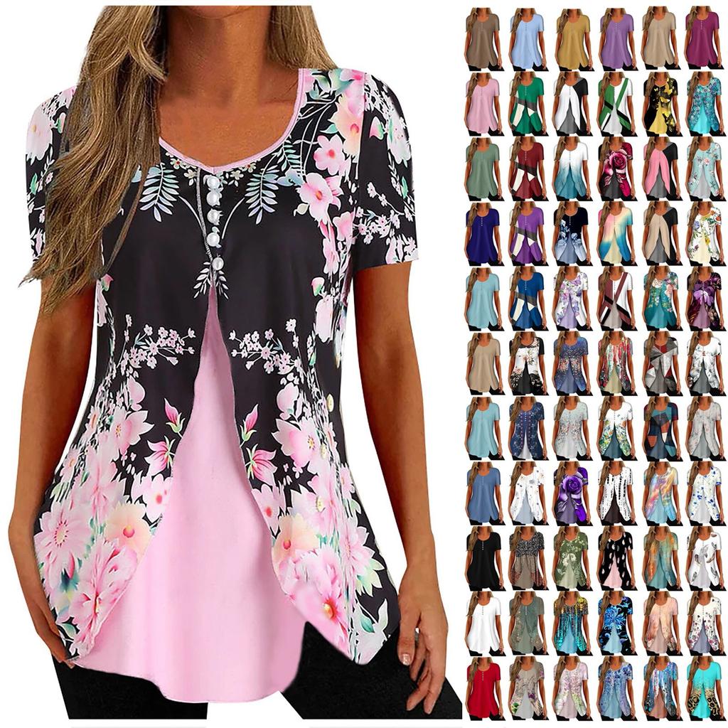 Shirts For Women Short Sleeve Tops Dressy Summer Casual Printed V-neck Irregular Hem Blouses Tees