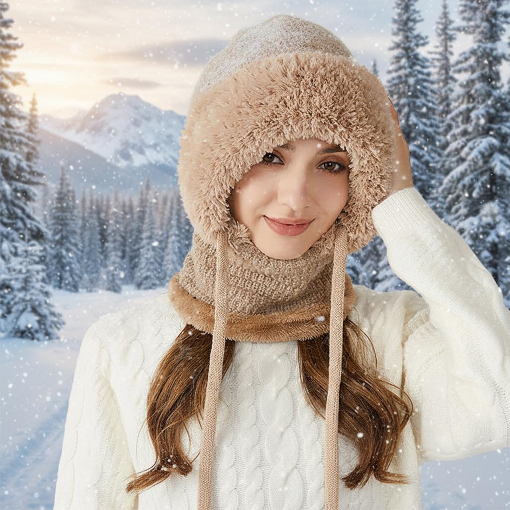 Women Fleece Lined Knit Hat Set Winter Warm Knitted Hat 3 in 1 Hooded One Piece Snow Cap W/Scarf & Mask for Cold Weather Protect