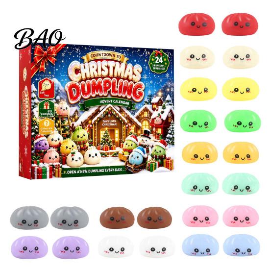 Christmas Advent Calendar Cartoon Dumpling Gift Box, Xmas with 24 Stress Days Countdown Box Relief Squeeze Toys, Steamed Bun Toy