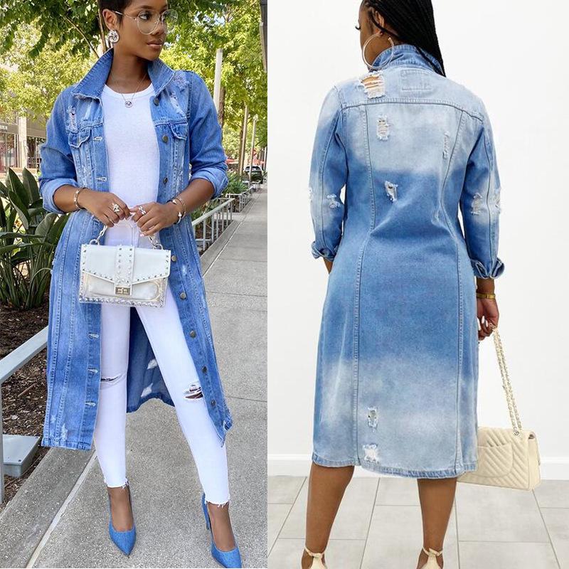 

Women s Autumn Ripped Denim Trench Coat M