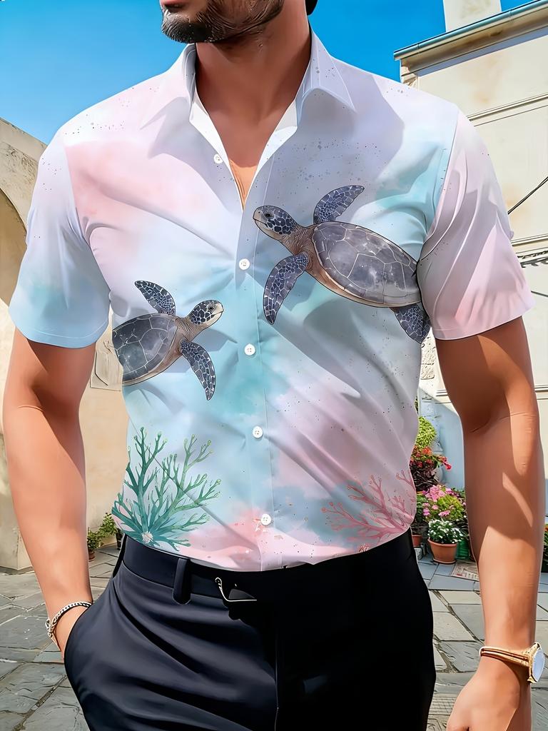 Men's Watercolor Sea Turtle Short-Sleeve Shirt, Hawaiian Style, All-Over Ocean Coral and Sea Turtle Print, Loose Fit Top, Suitable for Beach,