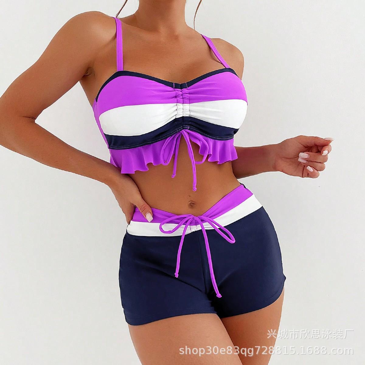 European and American color matching split swimsuit women s sexy conservative swimsuit S фиолетовый