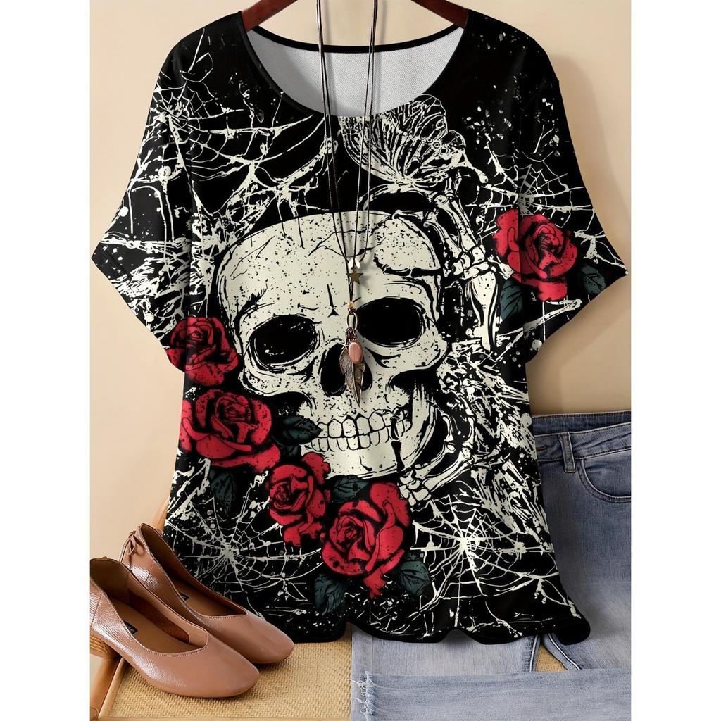 Summer Round Neck 3D Flower Pattern Print Top Fashionable Casual Short Sleeved Women's T-shirts