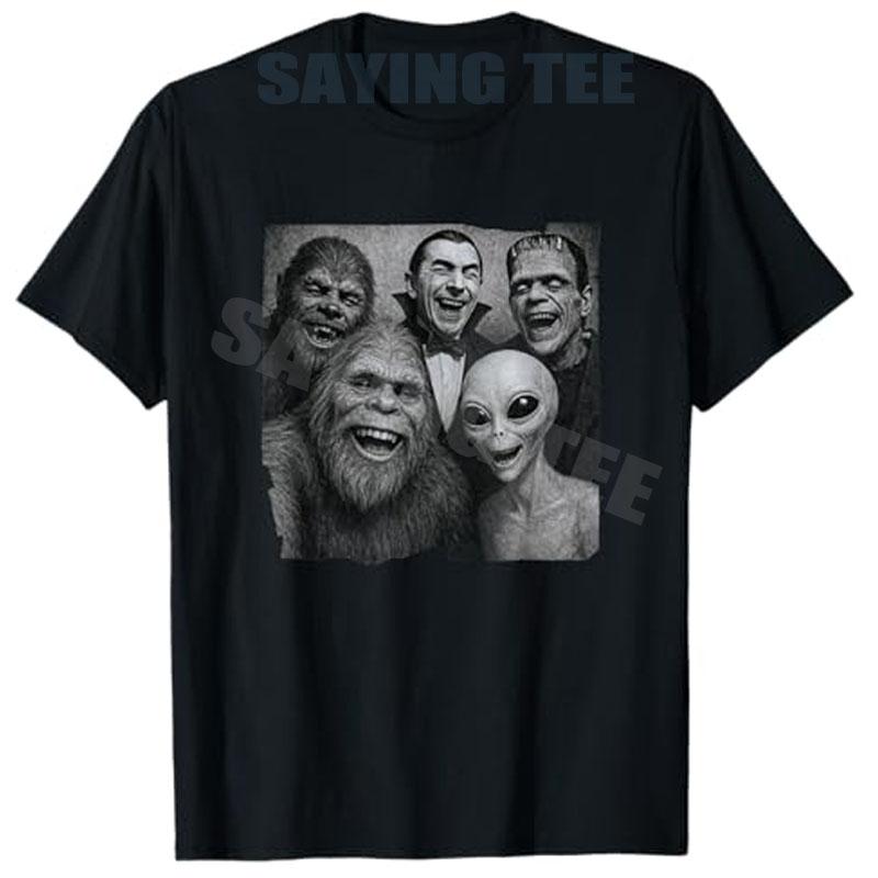 

Halloween Bigfoot Alien Dracula Frankenstein Wolf Man Selfie T-Shirt Classic Horror Movie Y2k Men Clothes Novelty Graphic Tees 4XL
