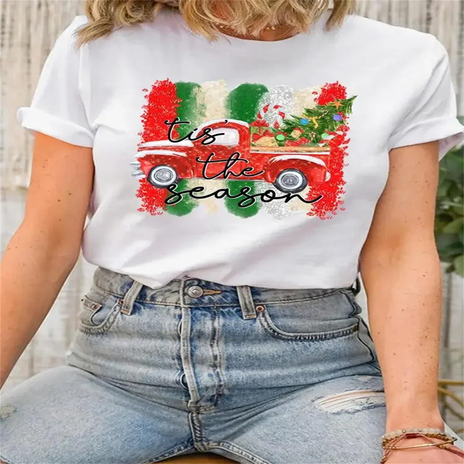 

Watercolor Sweet Print Clothing Fashion New Year Women Tee Top Christmas Lady Short Sleeve Shirt Clothes Graphic T-shirt XXXXXL білий