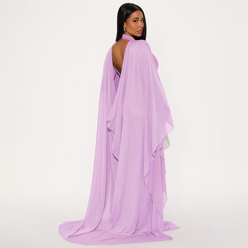 European & American Women's Backless Long Sleeve Pullover Dress with Mesh Shawl - Slimming Two-Piece Set