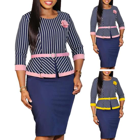 Rochie formală de navetă pentru femei, cu centură și broșă, falsă din două piese, mozaic, gât rotund, stil de afaceri, cu imprimeu în dungi, teacă slim fit