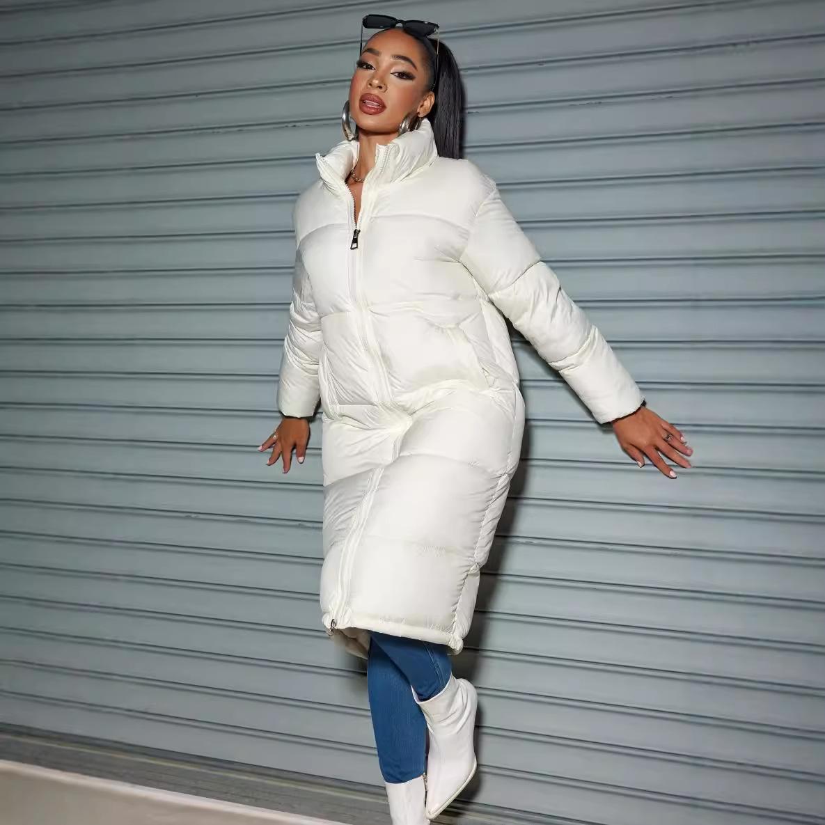 

Зимнее женское длинное хлопковое пальто с воротником-стойкой 2025, легкая парка на молнии с термоизоляцией, модный однотонный теплый тренч M