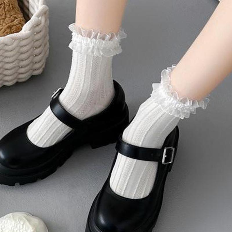 Milky White Bow Lace Socks Women Cute Lolita Japanese Jk Lace Socks Lolita Sweat-Absorbent Mid-Tube Socks