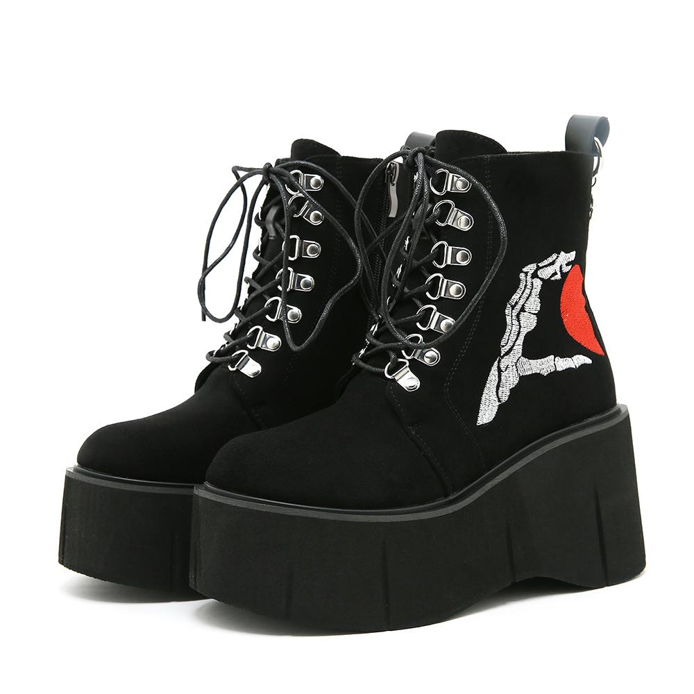 

Gdgydh/женские ботинки на танкетке со скелетонами на Хэллоуин для женщин, модные удобные ботильоны на шнуровке и боковой молнии на платформе и каблуке 43 чёрный