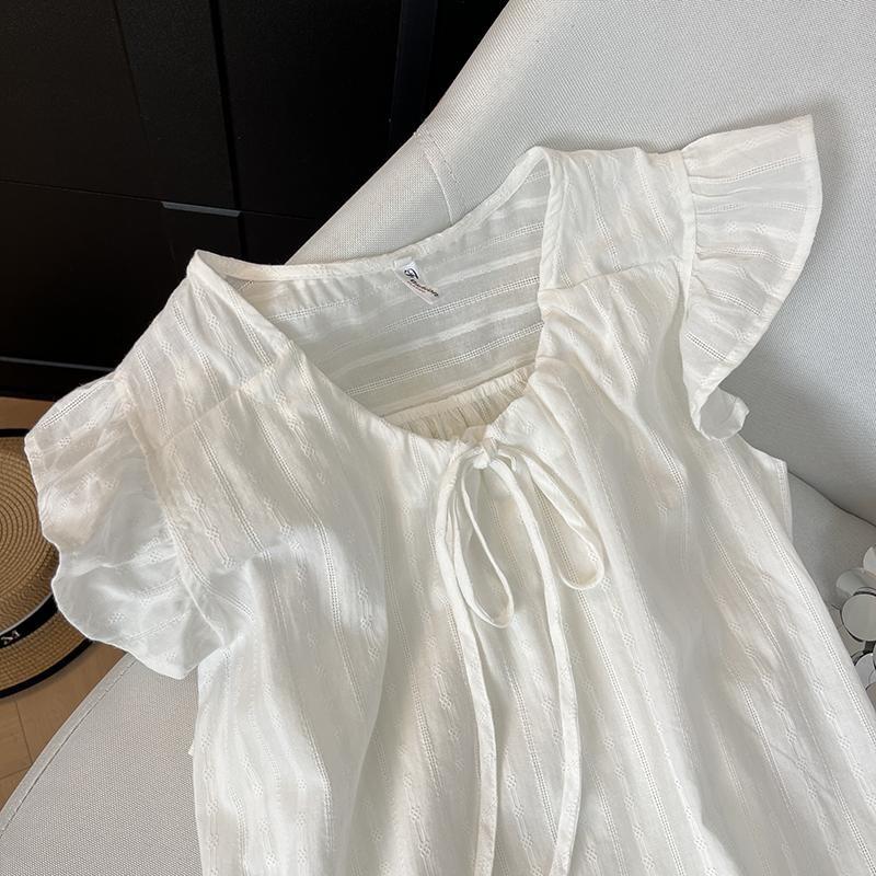 Lace-up short-sleeved shirt women's 2025 summer new ruffle edge drawstring loose small fresh sleeveless top