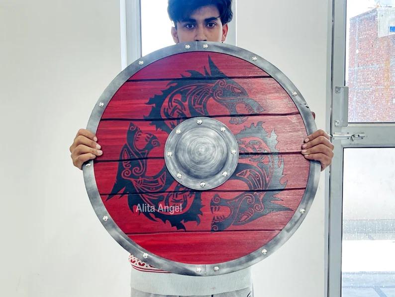 Fenrir Red Wolf Viking Shield: Norse Mythology Decor - Valhalla Cosplay