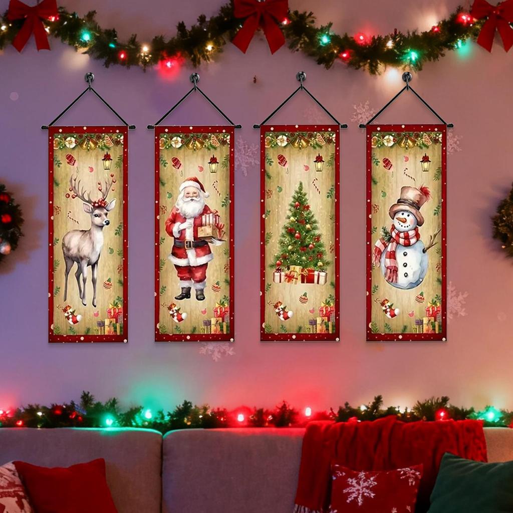 Christmas Banners 4 Pieces Porch Sign Santa Snowman Elk Wall Banner for Home living Room Patio Window Outdoor Balcony Parties