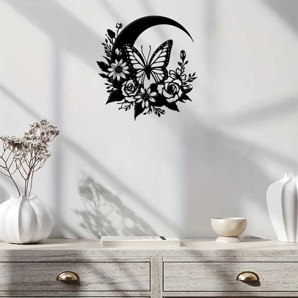 Metal Wall Art Crescent Moon Flowers Leaves Black Nature Design Home Decor Gift