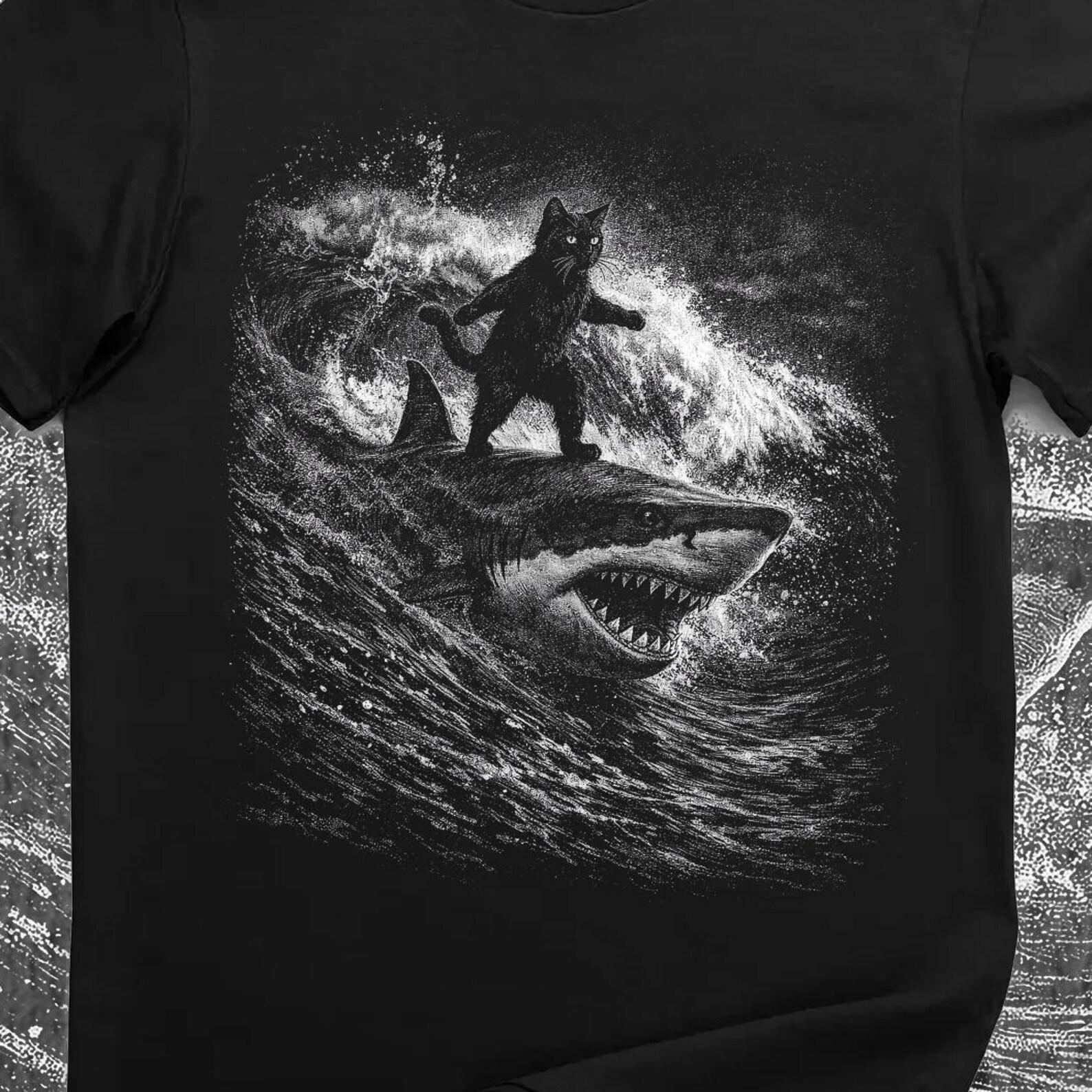 Black Cat Surfing Shark Shirt – Funny White Shark Surf Graphic Tee M