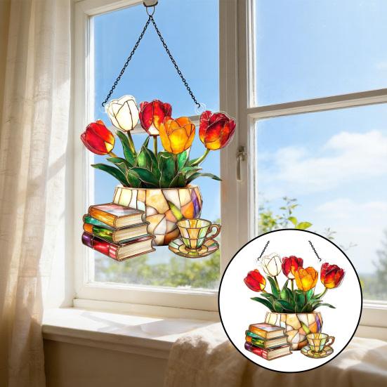 Tulip And Book Sun Catcher Acrylic Flower Suncatcher Window Hanging Decoration for Home Living Room Bedroom Outdoor Decor