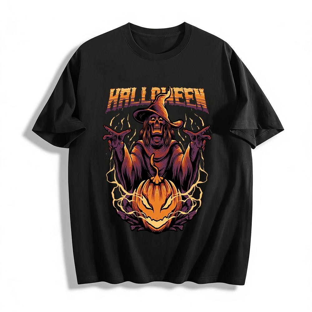 

Halloween Dark Style Skull Wizard Pumpkin Print Casual Top Pure cotton T-shirt 6XL