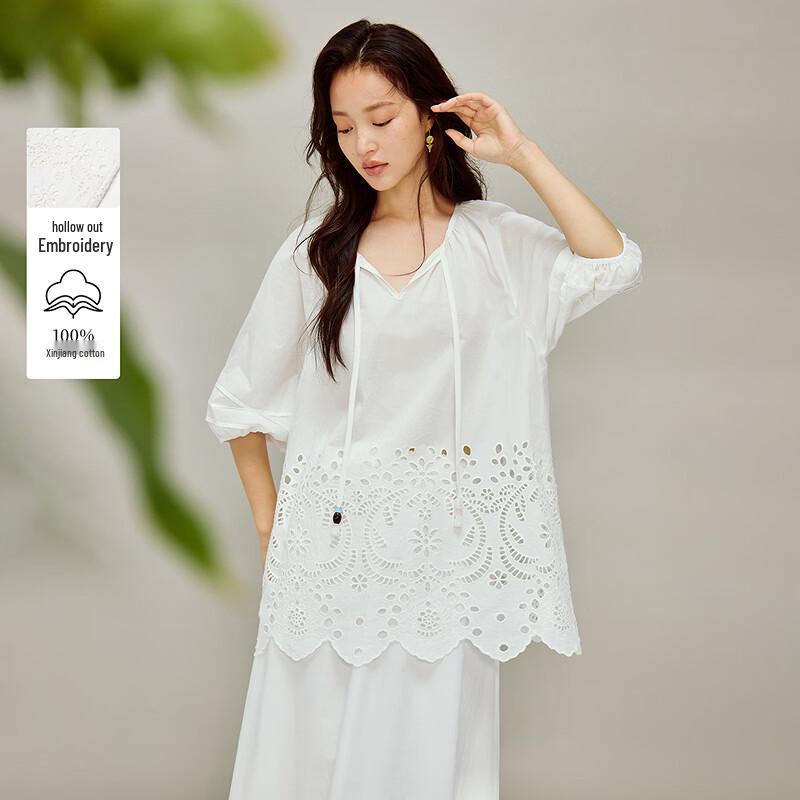 INMAN Women s French V-Neck Embroidered Cotton Mid-Sleeve Top XL