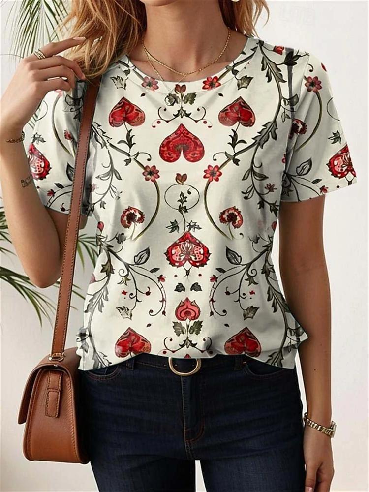 Women's Summer Fashion Casual T-Shirt 3D Floral Print Round-Neck Short-Sleeve Top Elegant and Chic Women's Short-Sleeve Top