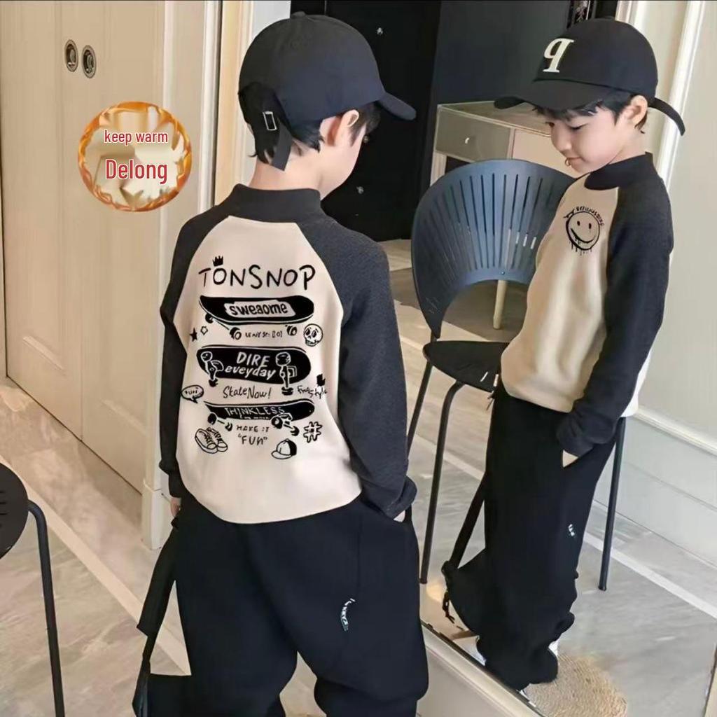 Jungen Fleece Patchwork Cartoon T-Shirt - Herbst/Winter Stilvolles Basic für mittlere & große Kinder