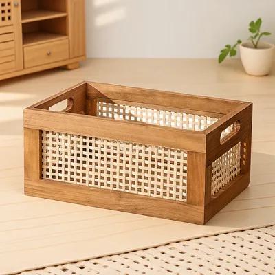 

Wooden Woven Storage Basket Handmade Bamboo Desktop Box for Cosmetics Snacks Books Small Items Organizer Decorative 30X20X14CM