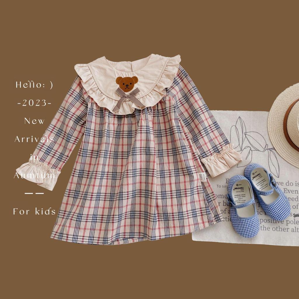 Niedliches Teddybär-Plaid-Kleid für Mädchen 2024: Langärmeliger Volant für Frühling & Herbst