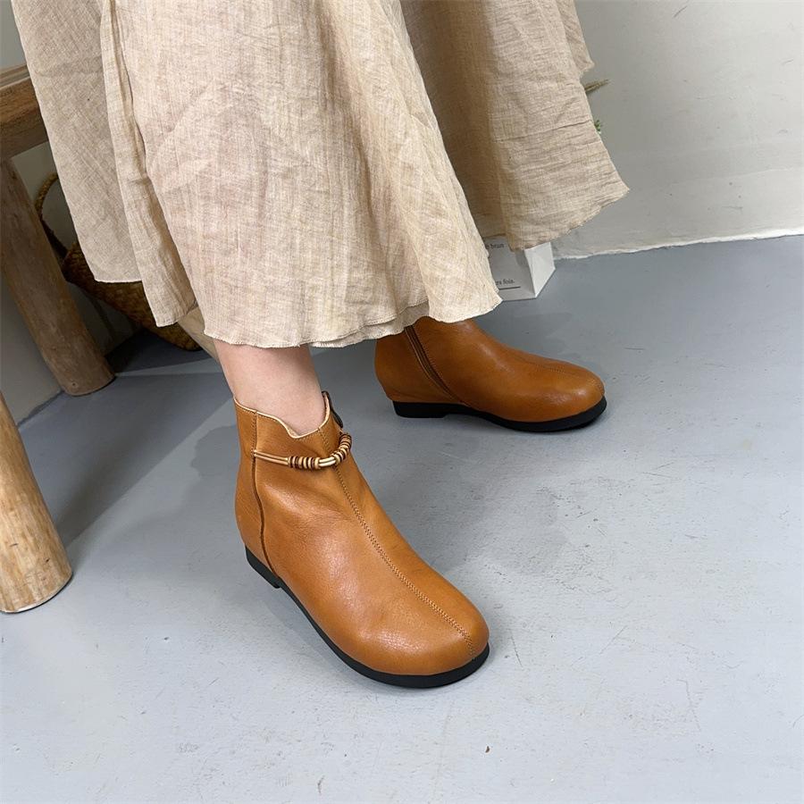 Johnature Retro Short Boots With Side Zipper Genuine Leather Soft Sole Comfortable Women's Shoes