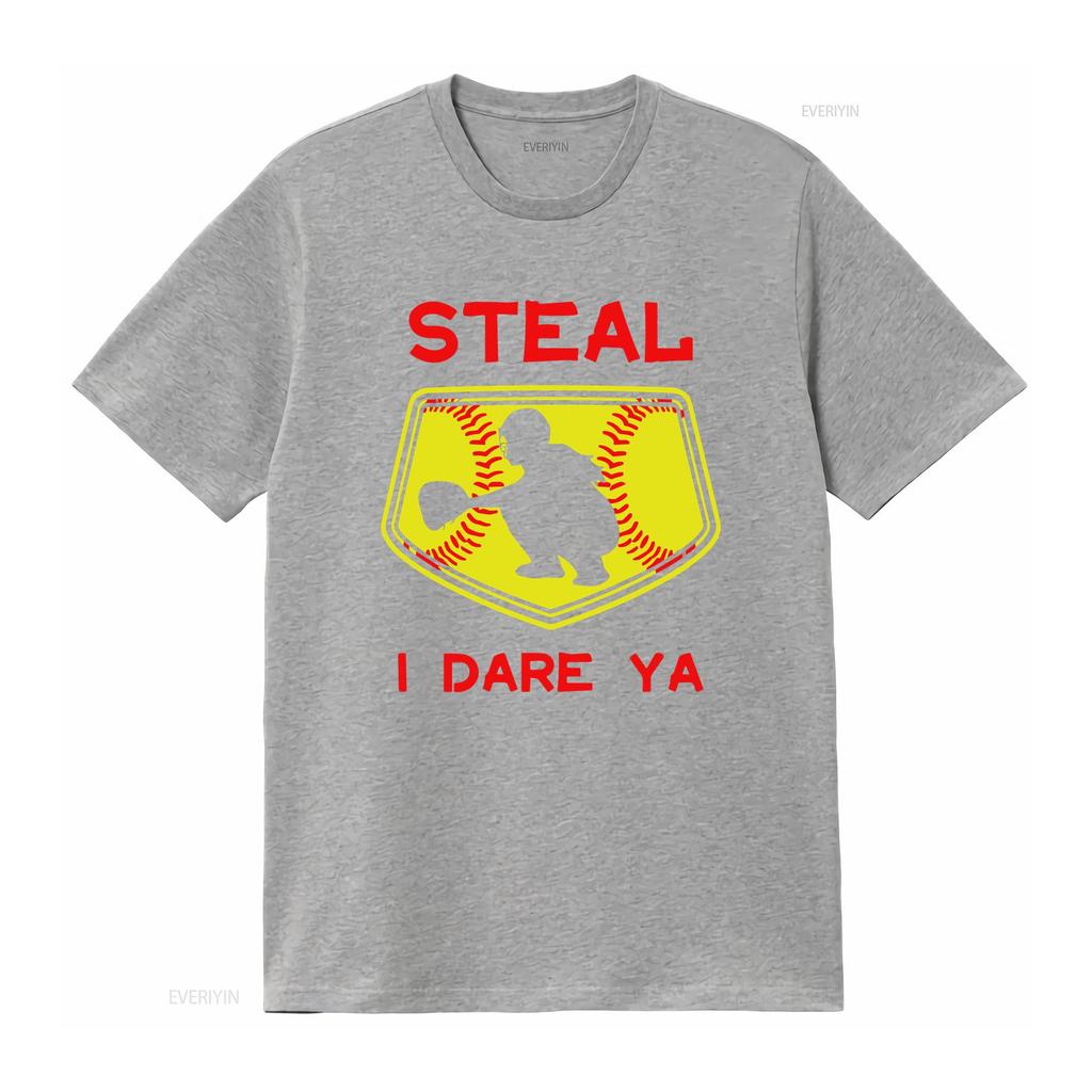 Steal I Dare Ya Softball Catcher T Shirt Funny For Players Bas vintage Washed Top For Everyday Wear homme graphic