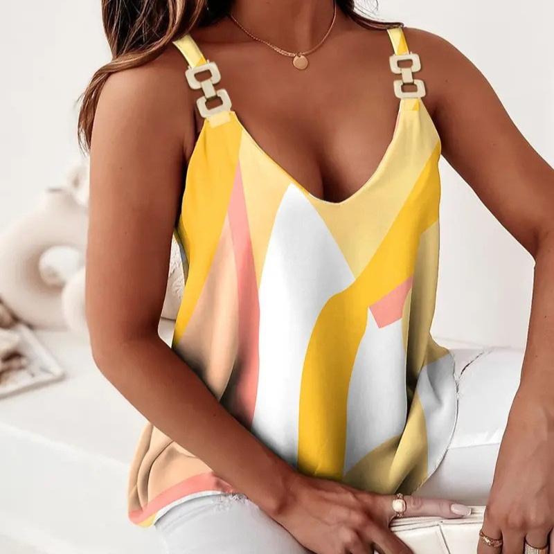 Deep V Geometric Printed Tank Top Women's Chain Strap Sleeveless T-shirt Summer Trendy Vest Top