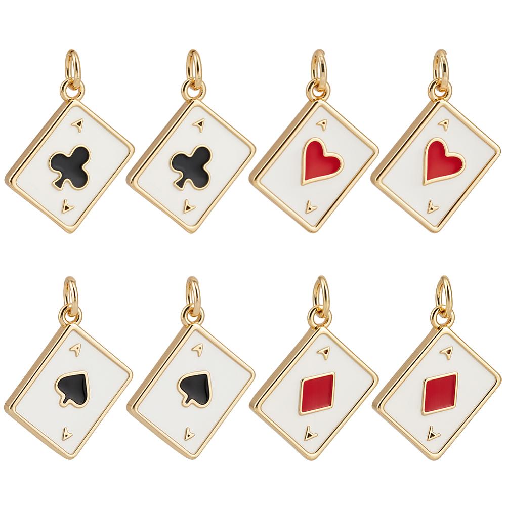 8Pcs 4 Styles Brass Enamel Charms with Jump Ring Cadmium Free & Lead Free Long-Lasting Plated Rack Plating Playing Card Charms Real 18K Gold Plated