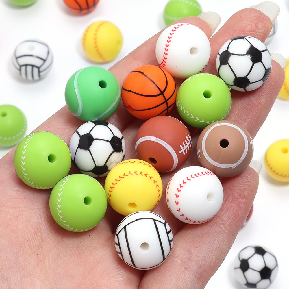 5pcs/lot Sports Ball Silicone Beads Basketball Volleyball Tennis Ball Football Beads For DIY Jewelry Making Bracelet Necklace