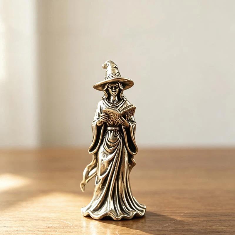 Retro Brass Magic Witch Mini Figurine Handcrafted Desktop Ornament Cute Home Decor for Living Room Bedroom Witchy Gift