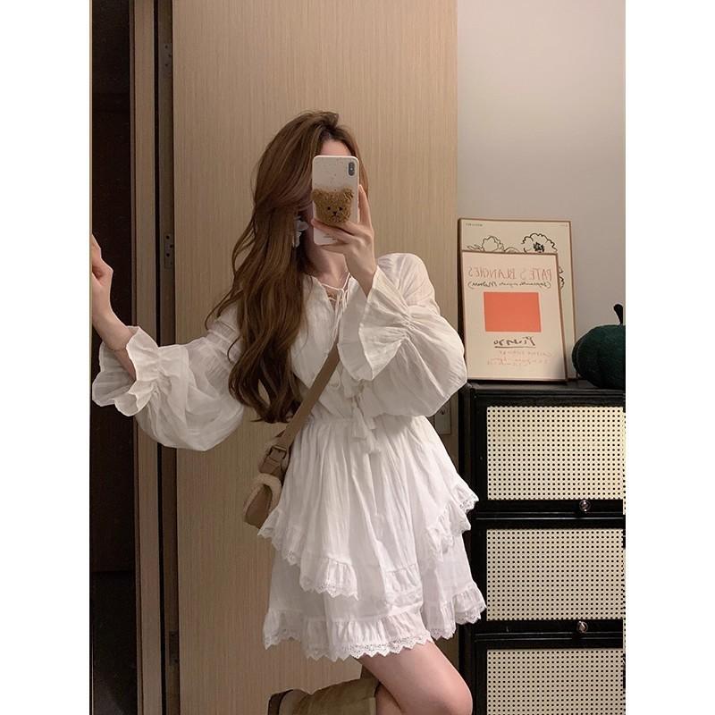 First Love Plot White Texture Temperament Dress Large Size Mm Spring French Long Sleeve Irregular Cake Skirt