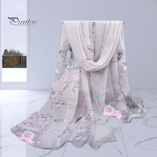 Floral Print Chic Women Scarf Bird Pattern Silky Colorful Wide Sunshade Chiffon Washable Travel Ladies Shawl Clothes Accessory Summer