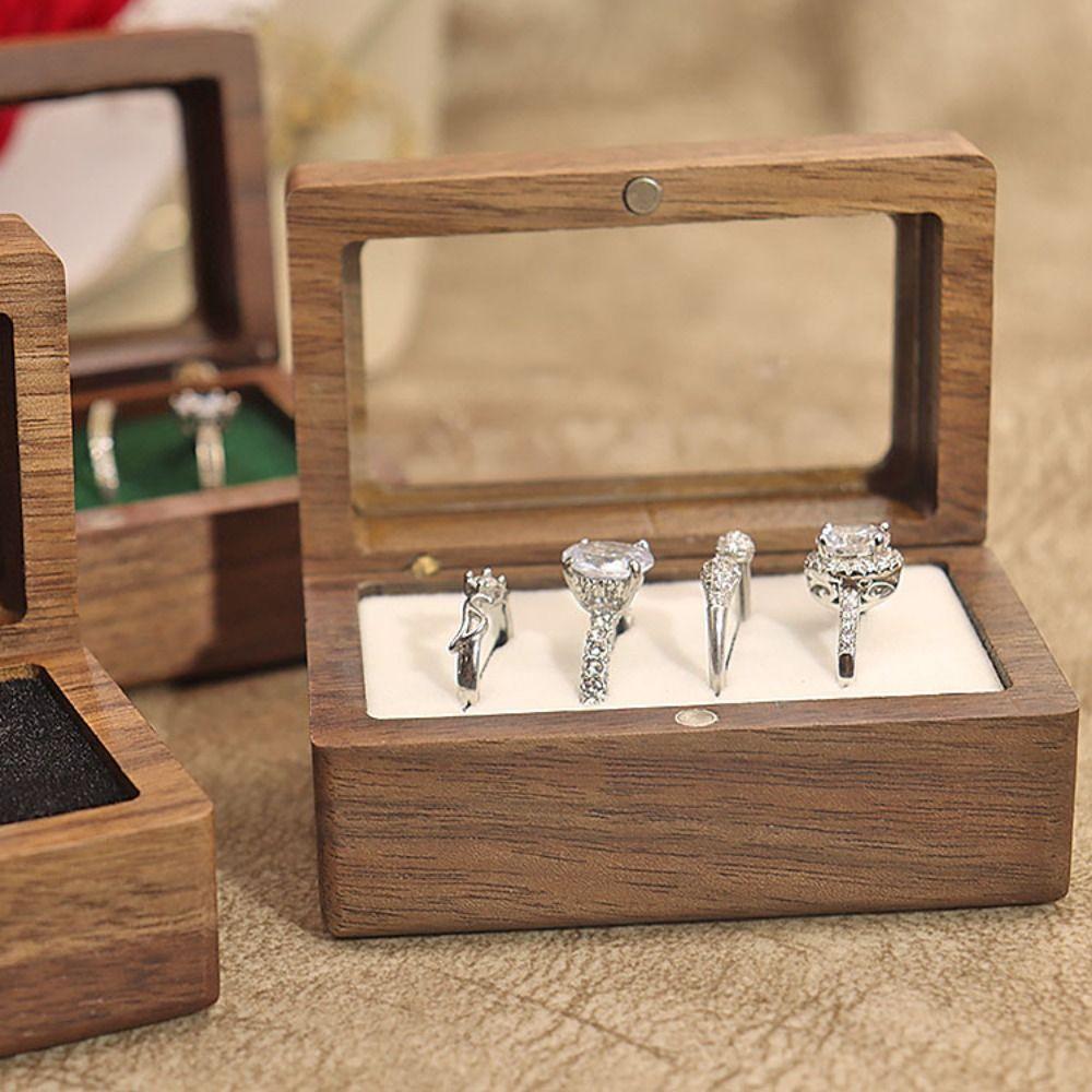 Magnetic Cover Square Rings Holder 4 Slots Jewelry Ring Holder Black Walnut Cufflinks Box  Wedding