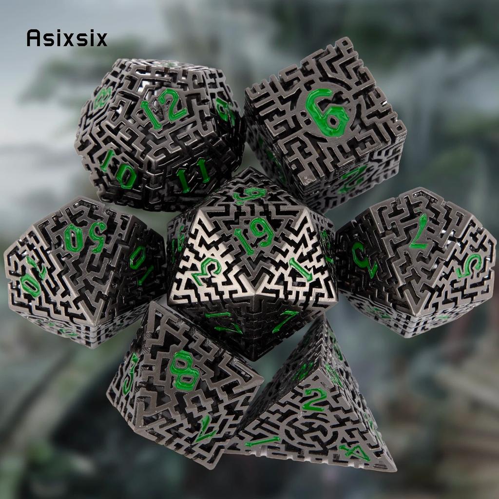 7 Pcs Black Green Metal Dice Maze Hollow Metal Polyhedral Dice Set Suitable for Role-Playing RPG  Board Game Card Game