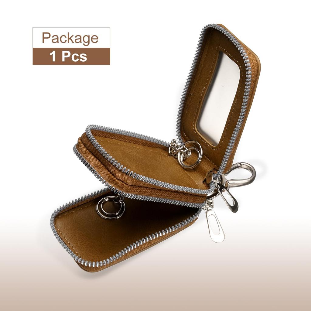 Double Khaki Key Fob Case Leather RFID Smart Keychain Key Holder with Metal Hook Key Ring Zipper Bag for Remo Conkey Fob Khaki Key [uxcell]