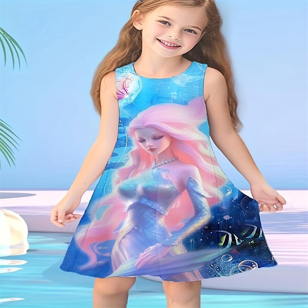 

New Summer Children s High Quality Girl Dress Sleeveless Kids Breathable Clothes Fashion Dolphin Printed Beach Casual Style 13-14Y