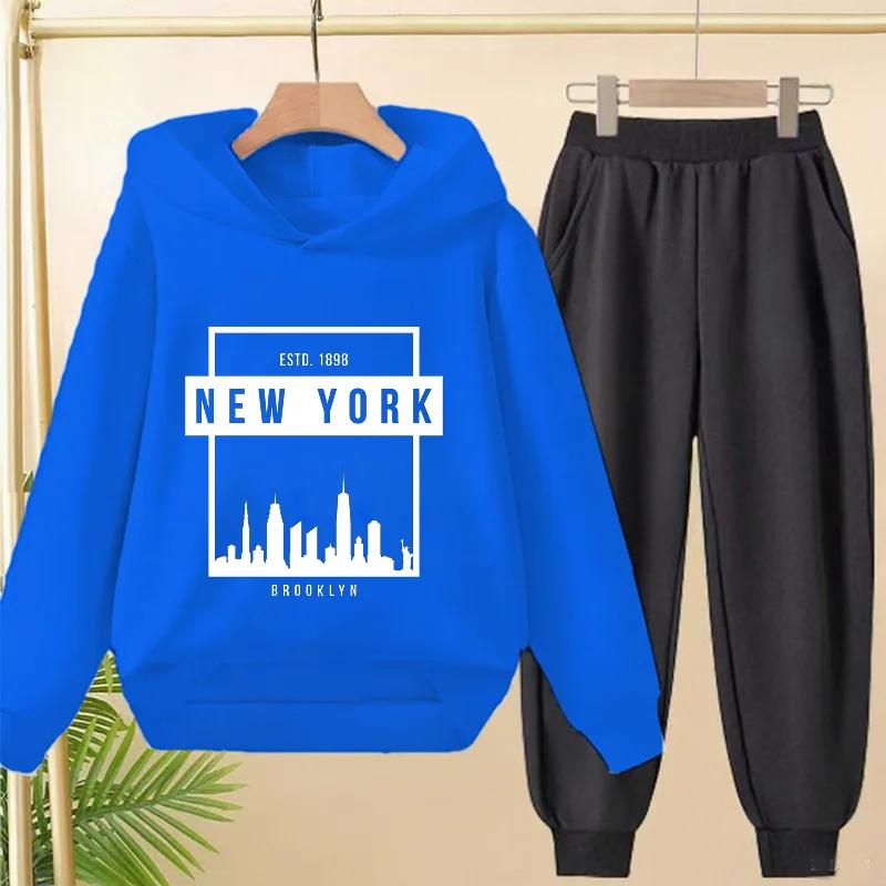 Spring Autumn New York BrookLyn Letter Print 2pcs Hoodie+Pants Tracksuits 3-13 Years Boys Girls Streetwears Children Clothes