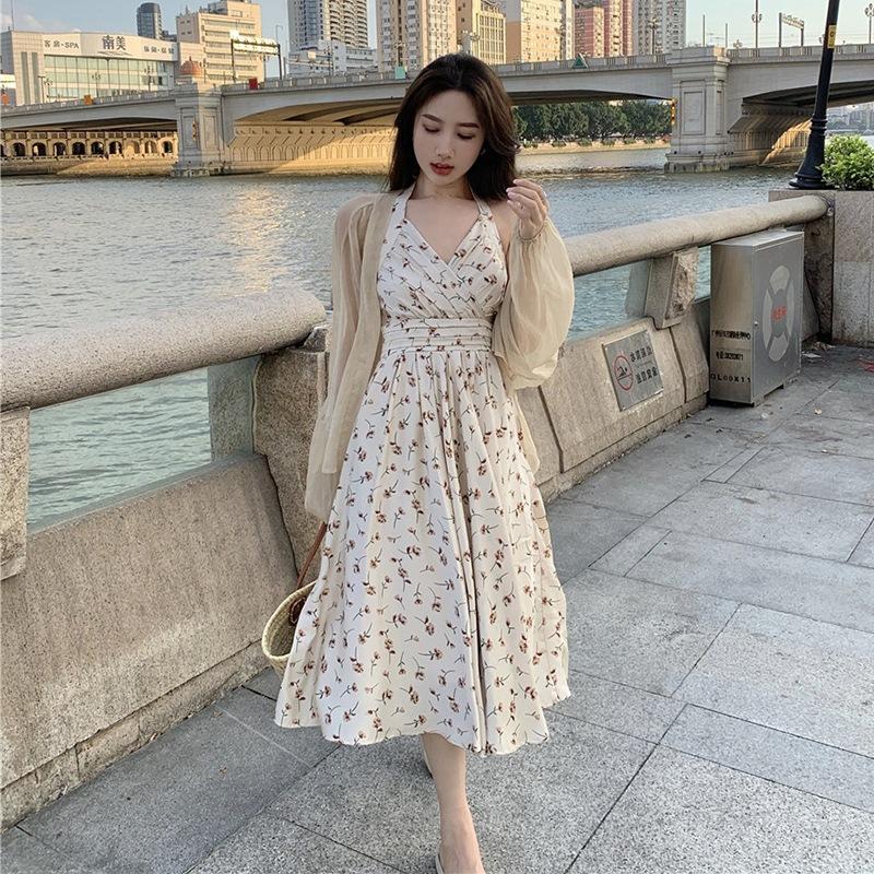 French Platycodon Floral Neck Dress Women's Summer Internet Celebrity New High-end Temperament Waist Sleeveless Long Dress