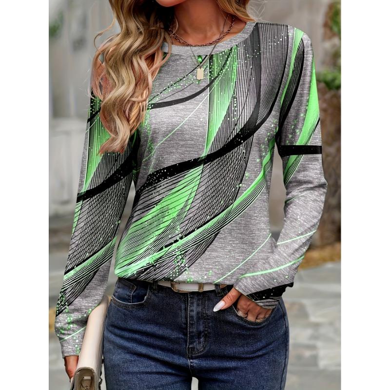 Tenggong Pool Directional Style, Round-Necked Long-Sleeved Elegant Print Base Shirt T-Shirt Women'S Elastic Jacket