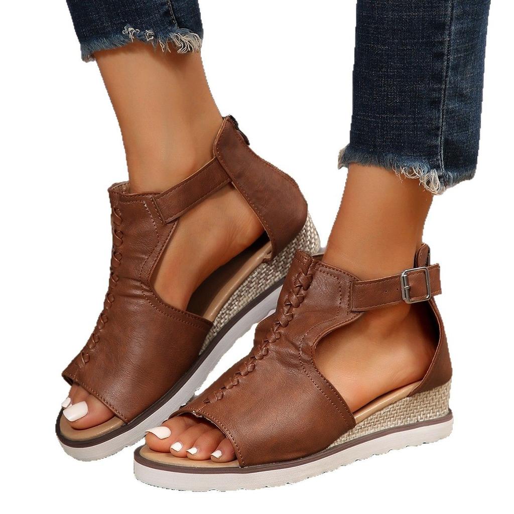 Shoes rear zipper buckle fish mouth wedge heel platform sandals European and American hollow buckle open-toed sandals
